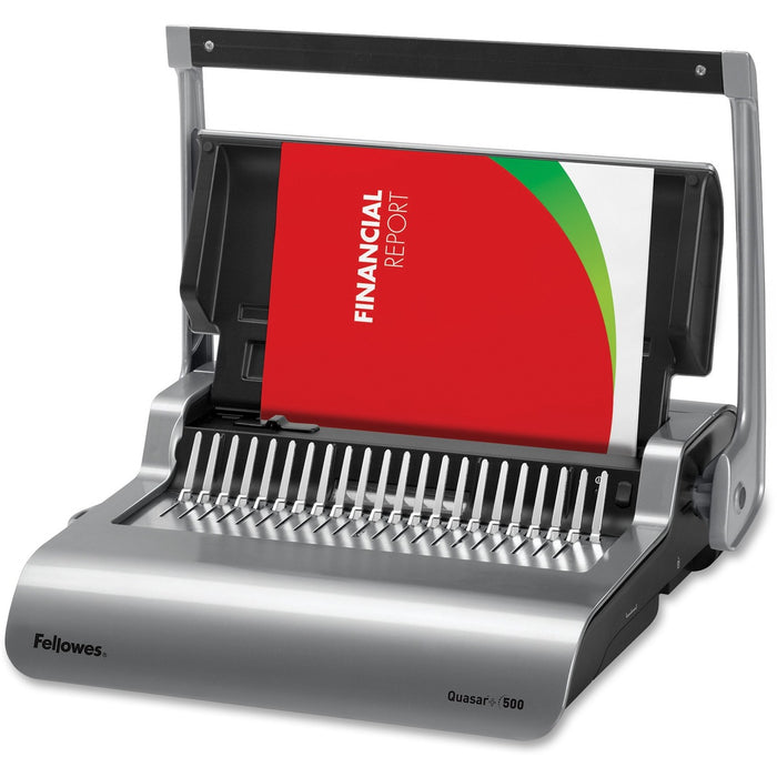 Fellowes Quasar™+ 500 Comb Binding Machine w/ Starter Kit - CombBind - 500 Sheet(s) Bind - 25 Punch - 5.13" (130.30 mm) Height x 18.13" (460.50 mm) Width x 15.38" (390.65 mm) Depth - Metallic Silver, Black