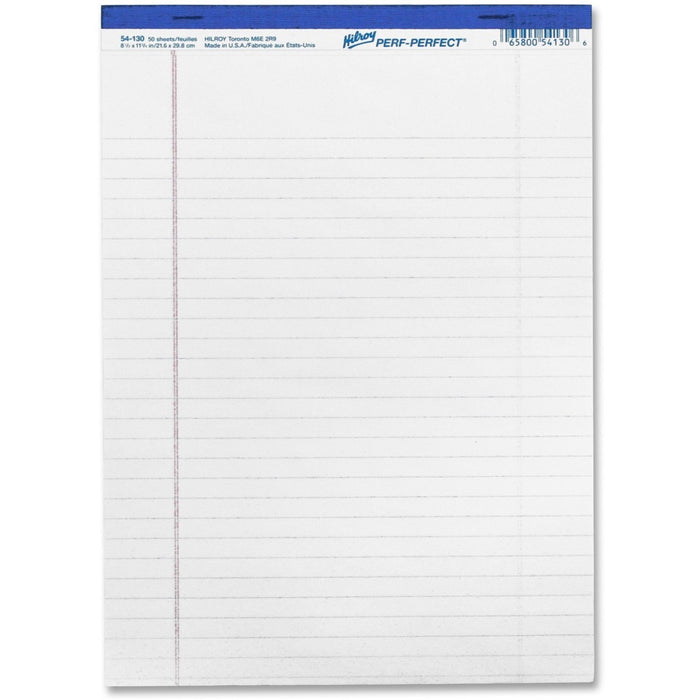 Hilroy Micro Perforated Business Pads - 50 Sheets - 0.31" (7.87 mm) Ruled - 8 1/2" (21.59 cm) x 11 3/4" (29.85 cm) Sheet Size - White Paper - Micro Perforated - 1 Each