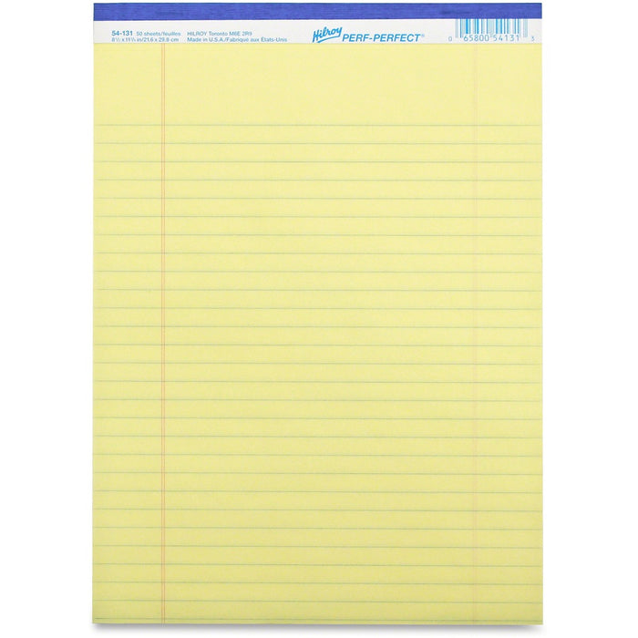 Hilroy Micro Perforated Business Notepad - 50 Sheets - 0.31" (7.92 mm) Ruled - 8 3/8" (21.27 cm) x 10 7/8" (27.62 cm) Sheet Size - Yellow Paper - Micro Perforated, Easy Peel - No - 10 / Pack