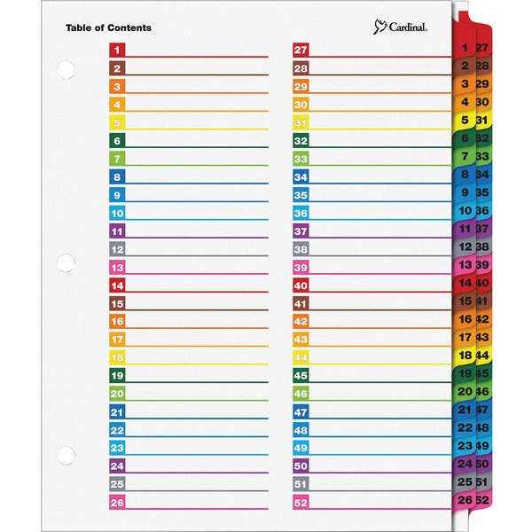 Cardinal&reg; OneStep Printable Dividers - 52 Print-on Tab(s) - 52 Tab(s)/Set - 8.50" (215.90 mm) Divider Width x 11" (279.40 mm) Divider Length - Letter - 3 Hole Punched - Multicolor Divider - Multicolor Tab(s) - Reinforced Edges, Reinforced Tab - 1 Pack
