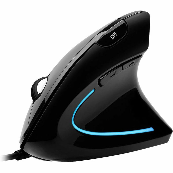 Adesso iMouse Vertical Ergonomic Mouse Black with Blue LED light - Optical - Cable - Glossy Black - USB - 1600 dpi - Scroll Wheel - 6 Button(s) - Right-handed - 1 Each