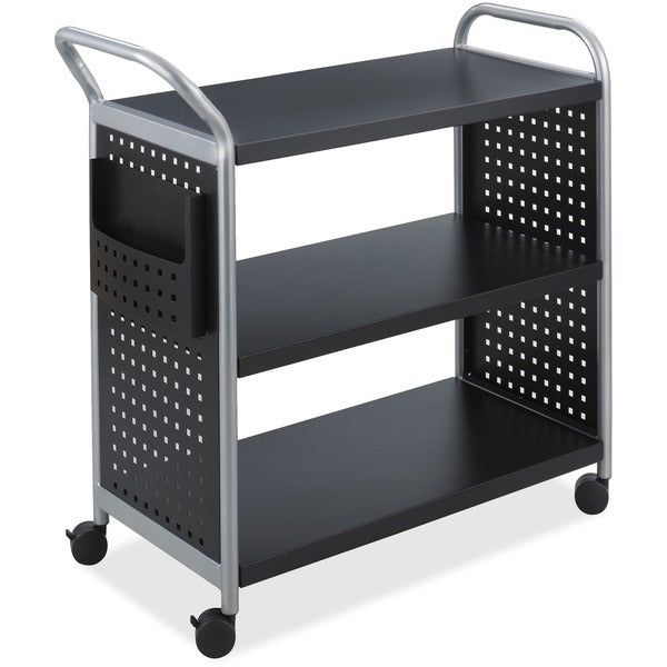 Safco Scoot 3 Shelf Utility Cart - 3 Shelf - 2.50" (63.50 mm) Caster Size - 31" (787.40 mm) Width x 18" (457.20 mm) Depth x 38" (965.20 mm) Height - Steel Frame - Black, Silver - 1 Each