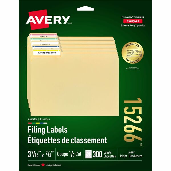 Avery&reg; Filing Labelswith TrueBlock&trade; Technology for Laser and Inkjet Printers, 2/3" x 3-7/16" , Assorted Colours, 300/pk - 3 7/16" (87.12 mm) Width x 21/32" (16.76 mm) Length - Permanent Adhesive - Laser, Inkjet - Assorted - 30 / Sheet - 300 / Pa