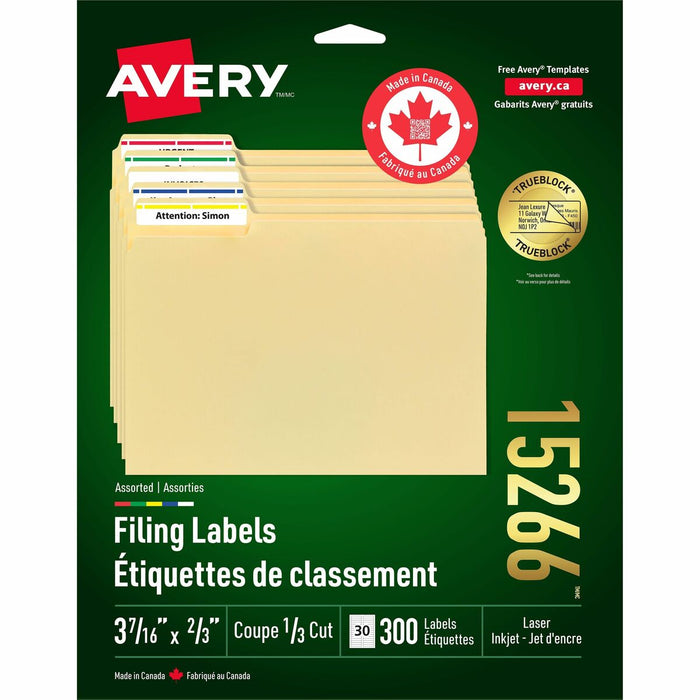 Assorted Filing Labels with TrueBlock™ Technology for Laser and Inkjet Printers, 3-7/16" x 2/3" - Permanent Adhesive - Laser, Inkjet - Assorted - 30 / Sheet - 300 / Pack