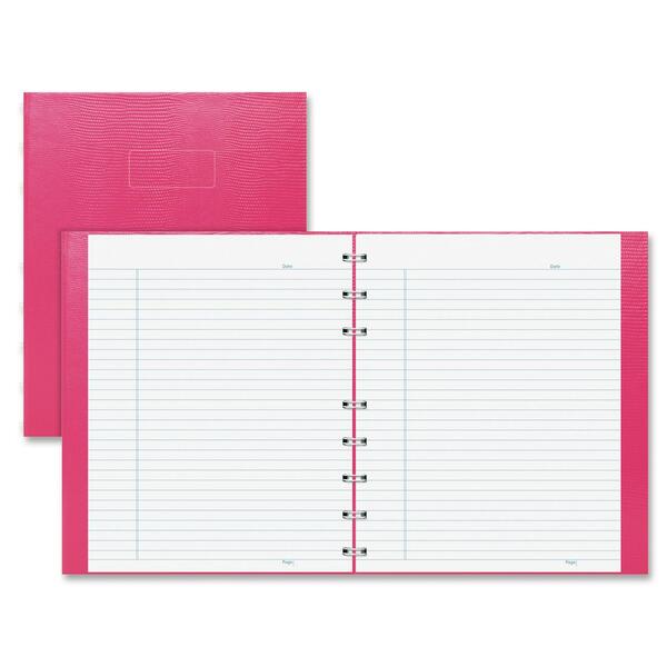 Blueline Pink Ribbon Collection - NotePro Notebook - 150 Pages - Twin Wirebound - Ruled Margin - 7 1/4" (184.15 mm) x 9 1/4" (234.95 mm) Sheet Size - White Paper - Bright Pink Lizard Cover - Micro Perforated, Index Sheet, Self-adhesive Tab, Storage Pocket
