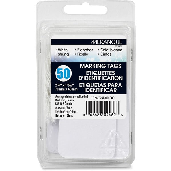 Merangue 50 Pack White Strung Tags - 1.69" (42.90 mm) Length x 2.75" (69.80 mm) Width - Rectangular - String Fastener - 50 / Pack