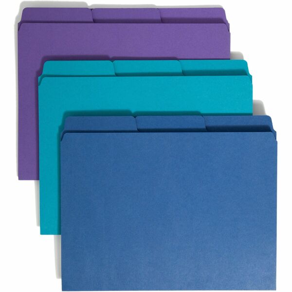 Smead SuperTab 1/3 Tab Cut Letter Recycled Top Tab File Folder - 8 1/2" (215.90 mm) x 11" (279.40 mm) - 3/4" (19.05 mm) Expansion - Top Tab Location - Assorted Tab Position - 2 Divider - 11 pt. (3.87 mm) - 1 Plys - Teal, Purple, Navy - 10% Recycled - 3 /