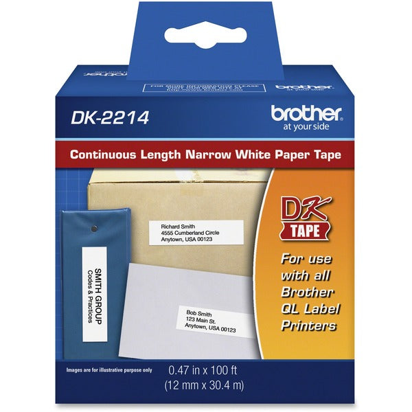 Brother DK2214 Continuous Length White Label Tape - 15/32" (11.94 mm) Width x 100 ft (30.5 m) Length - Rectangle - Direct Thermal - White - 1 / Roll