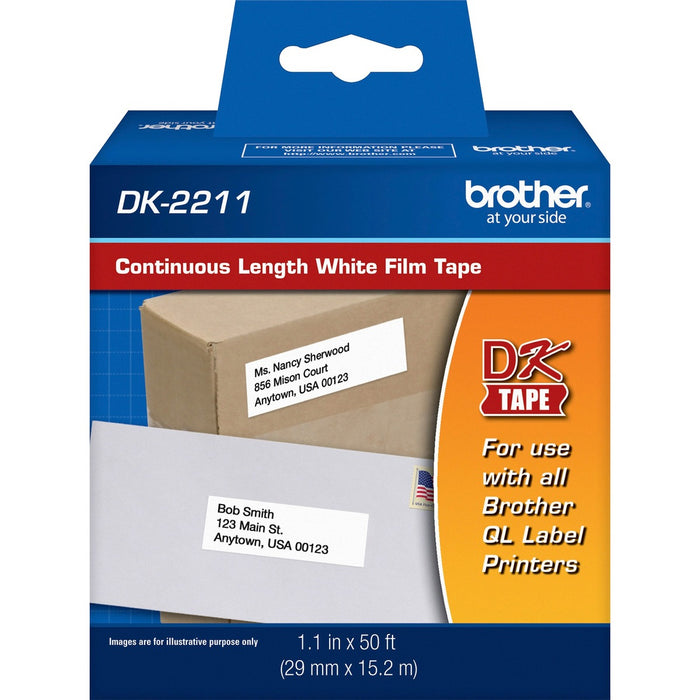 Brother Continuous Length White Film DK Tape - 1 9/64" (28.96 mm) Width x 50 ft (15.2 m) Length - Removable Adhesive - Direct Thermal - White - 1 Roll