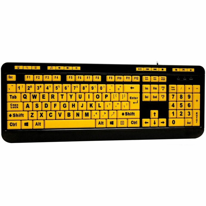 Adesso Luminous Large Print Desktop Keyboard - Cable Connectivity - USB Interface - 122 Key(s) - Previous Track, Home, Email, Favourites, Volume Down, Volume Up, Search, Back, Forward, Play/Pause, Close, ... Hot Key(s) - English (US) - Computer - PC, Mac,