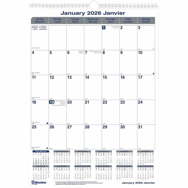 Blueline Net Zero Carbon Monthly Wall Calendar, 12" x 17" , Bilingual - Julian Dates - Monthly - 12 Month - January 2026 to December 2026 - 1 Month Single Page Layout - 12" (304.80 mm) x 17" (431.80 mm) Sheet Size - Twin Wire - Wall Mount - Chipboard, Pap