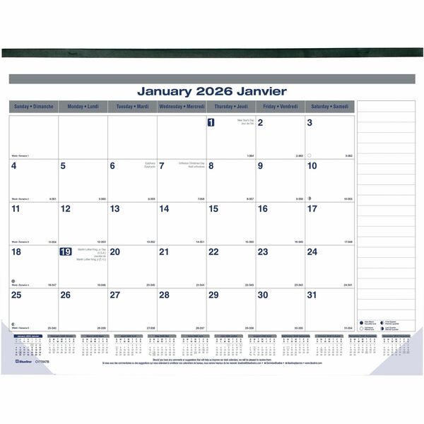 Blueline Net Zero Carbon Monthly Desk Pad Calendar, 22" x 17" , Bilingual - Julian Dates - Yearly, Daily, Monthly - 12 Month - January 2026 to December 2026 - 1 Month Single Page Layout - 22" (558.80 mm) x 17" (431.80 mm) Sheet Size - Twin Wire - Desk Pad