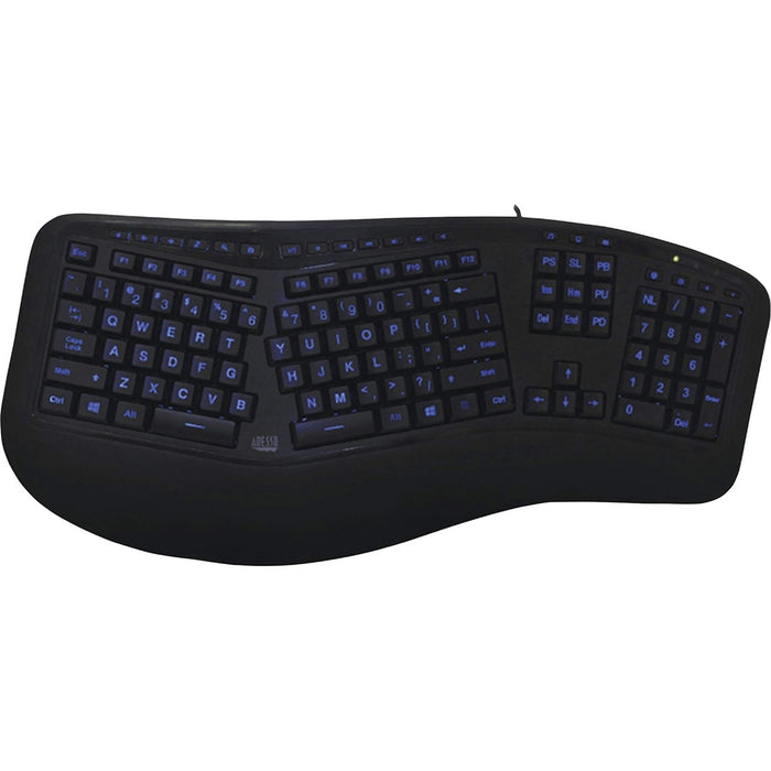 Adesso Color Illuminated Ergonomic Keyboard - Cable Connectivity - Full-size - USB Interface - RGB LED - 105 Key(s) - 13 Hot Key(s) - Media Player, Internet, Multimedia, Play/Pause, Stop, Previous Track, Next Track, Volume Down, Volume Up, Mute, Home Page