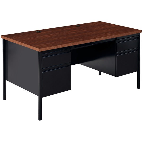 Lorell Fortress Series Double-Pedestal Desk - For - Table TopRectangle Top x 60" Table Top Width x 30" Table Top Depth x 1.1" Table Top Thickness - 29.5" Height - Office, File - Assembly Required - Black Walnut, Laminated, Walnut - Steel - 1 Each