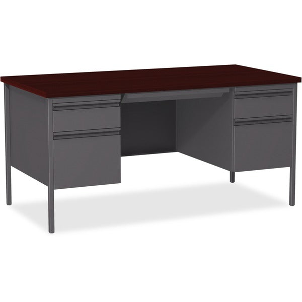 Lorell Fortress Series Double-Pedestal Desk - Rectangle Top - 60" (1524 mm) Table Top Width x 30" (762 mm) Table Top Depth x 1.1" (28.45 mm) Table Top Thickness - 29.5" (749.30 mm) Height - Office, File - Assembly Required - Laminated, Mahogany - Steel -