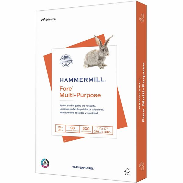 Hammermill Fore Multipurpose Copy Paper - White - 96 Brightness - Ledger/Tabloid - 11" (279.40 mm) x 17" (431.80 mm) - 24 lb (10886.22 g) Basis Weight - Smooth - Jam-free, Acid-free, ColorLok Technology - White - 500 / Pack