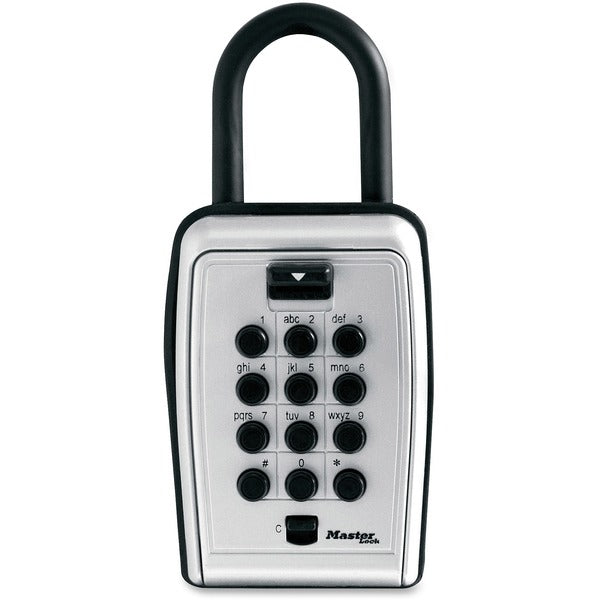 Master Lock Portable Key Safe - Push Button Lock - Weather Resistant, Scratch Resistant - for Door - Overall Size 7.2" (182.63 mm) Height x 5.3" (133.35 mm) Width x 2.2" (56.39 mm) Depth - Black, Silver - Metal, Vinyl