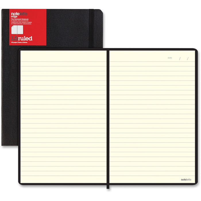 Letts L5 Ruled Notebook - Sewn x 9" (22.86 cm) Width x 6" (15.24 cm) Length - Black Cover - Elastic Closure, Flexible Cover, Pocket - 1 Each