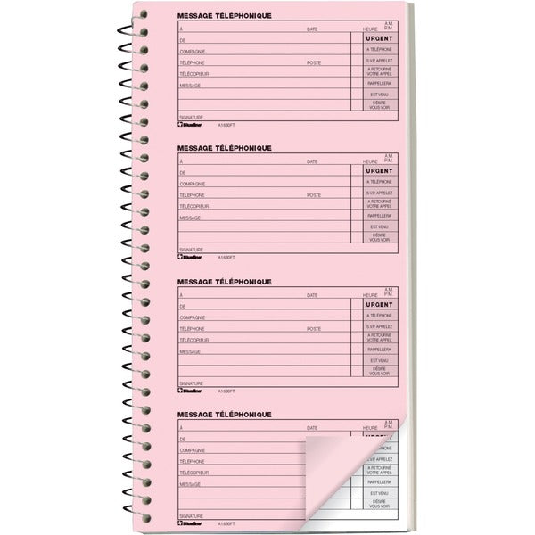 Blueline 400 Messages (10"3/4 x 5"3/4), French - Spiral Bound - Carbonless Copy - 5 3/4" (14.6 cm) x 10 3/4" (27.3 cm) Sheet Size - Pink, White - White Cover - 1 Each