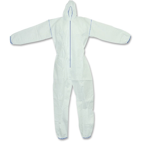 RONCO Polypropylene Coverall - Large - Particulate, Dust Protection - Polypropylene, Fabric - White - Lightweight, Breathable, Comfortable, Elastic Wrist, Elastic Ankle, Storm Flap, Latex-free, Hood, Zipper Closure, Disposable, Durable - 25 / Pack