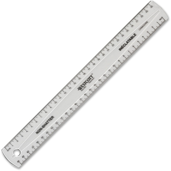 Westcott Transparent Nonshatter 30cm Ruler - 30 cm Length - Metric Measuring System - Acrylic - Transparent - 1 Each