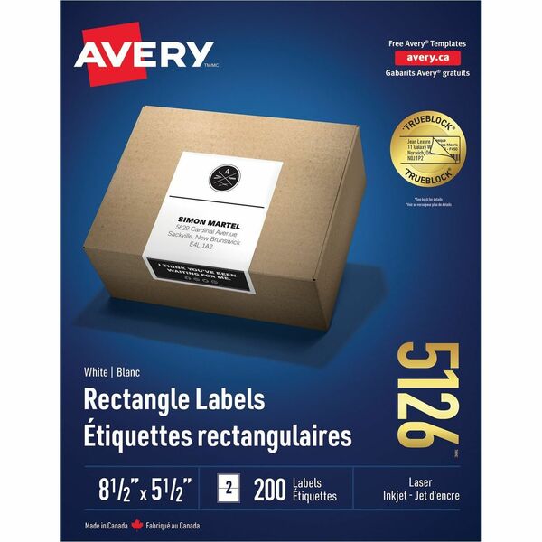 Avery&reg; White Rectangle Labels TrueBlock&reg;, 8½" x 5½" , for Laser and Inkjet Printers - 5 1/2" Height x 8 1/2" Width - Permanent Adhesive - Rectangle - Laser - Bright White - Paper - 2 / Sheet - 100 Total Sheets - 200 Total Label(s) - 200 / Pack