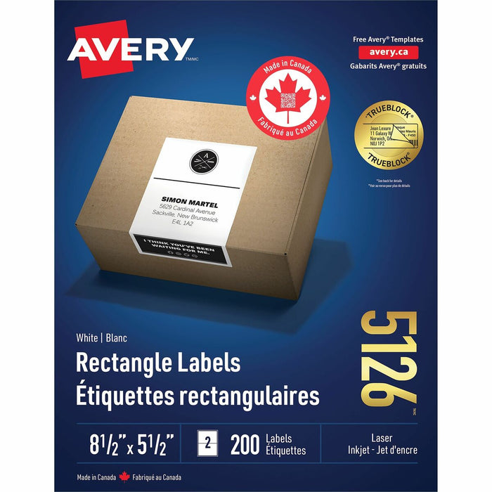 White Rectangle Labels with TrueBlock&reg;, Permanent Adhesive, for Laser and Inkjet Printers, 8-1/2" x 5-1/2" - 8 1/2" (215.90 mm) Height x 5 1/2" (139.70 mm) Width - Permanent Adhesive - Rectangle - Laser, Inkjet - Matte White - Paper - 2 / Sheet - 200