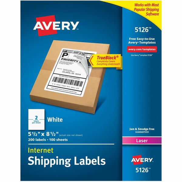 Avery&reg; White Rectangle LabelsTrueBlock&reg;, 8-1/2" x 5-1/2" , for Laser and Inkjet Printers - 5 1/2" (139.70 mm) Height x 8 1/2" (215.90 mm) Width - Permanent Adhesive - Rectangle - Laser - Matte - White - Paper - Permanent Adhesive, Jam Resistant, S