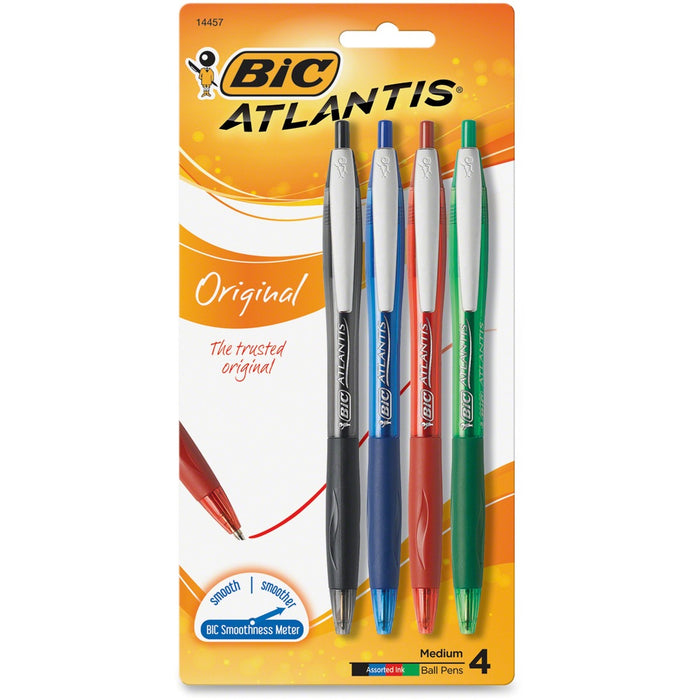BIC Atlantis Easy Glide Retractable Ball Pens - Refillable - Retractable - Assorted Ink - Clear Barrel - Nickel Silver Tip - 4 / Pack
