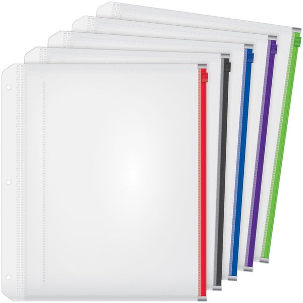 Cardinal&reg; Zipper Binder Pockets - 0.5" (12.7 mm) Maximum Capacity - 100 x Sheet Capacity - For Letter 8 1/2" (215.90 mm) x 11" (279.40 mm) Sheet - 3 x Holes - Ring Binder - Rectangular - Blue, Black, Red, Purple, Green - Poly - 5 / Pack