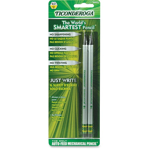 Ticonderoga Auto-Feed Mechanical Pencils - #2 Lead - 0.7 mm Lead Diameter - Refillable - White, Green Barrel - 2 / Pack