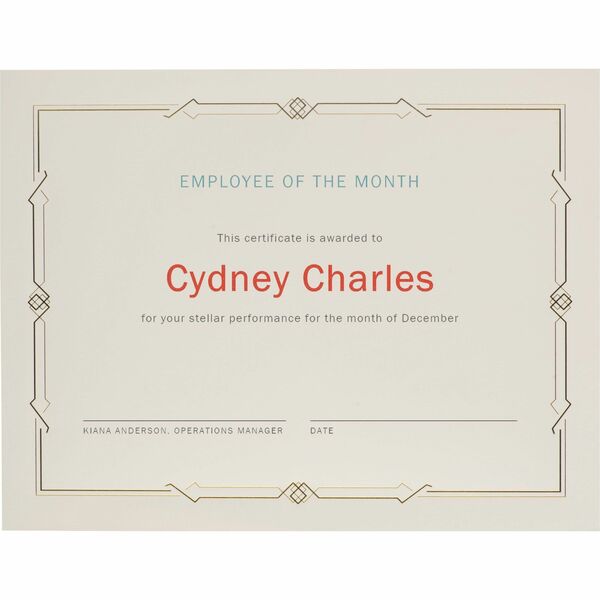 St. James&reg; Premium Weight Certificates, Gatsby Design, Gold Foil, Ivory, 65 lb, 8.5 x 11" , Pack of 15, 83407