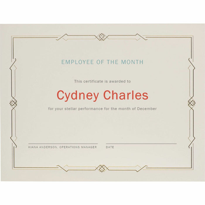 St. James&reg; Premium Weight Certificates, Gatsby Design, Gold Foil, Ivory, 65 lb, 8.5 x 11" , Pack of 15, 83407