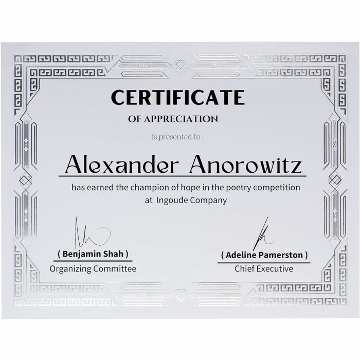St. James&reg; Premium Weight Certificates, Jazz Design, Silver Foil, White, 65 lb, 8.5 x 11" , Pack of 15, 83424