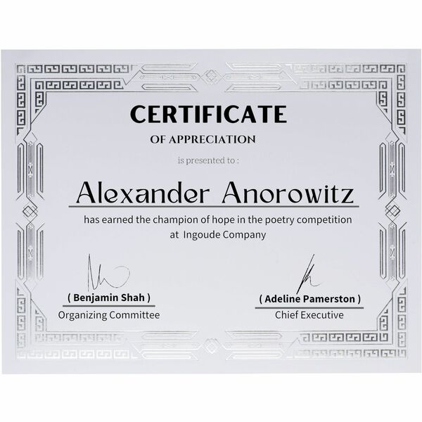 St. James&reg; Premium Weight Certificates, Jazz Design, Silver Foil, White, 65 lb, 8.5 x 11" , Pack of 15, 83424