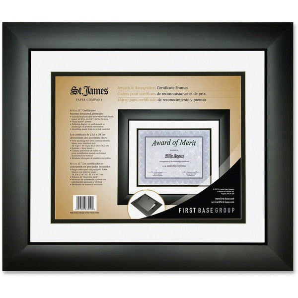 St. James&reg; Tuxedo Black Double Matte Certificate Frame - 16.75" (425.45 mm) x 14.25" (361.95 mm) Frame Size - Holds 11" (279.40 mm) x 8.50" (215.90 mm) Insert - Rectangle - Landscape, Portrait - Tuxedo Black, White, Black - 1 Each