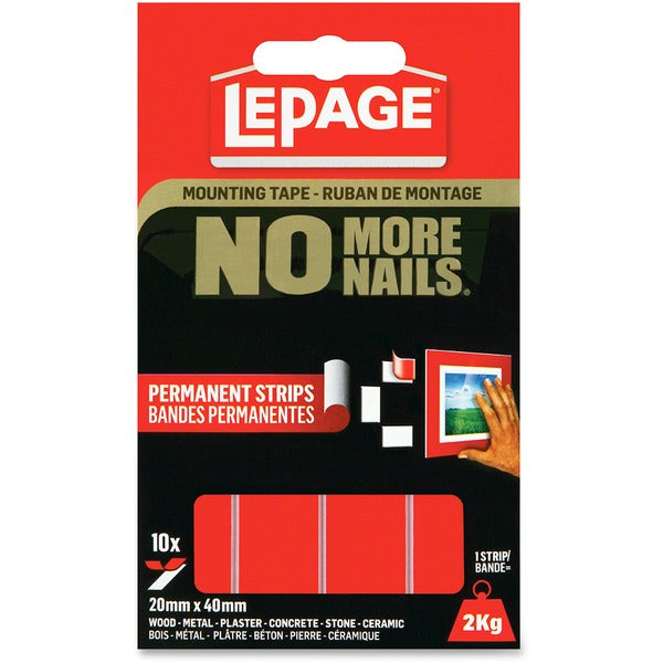 LePage No More Nails Mounting Tape Permanent Strips - 1.57" (40 mm) Length x 0.79" (20 mm) Width - Red - Permanent Adhesive Backing - For Tile, Metal, Wood, Stone, Glass, Plastic, Decoration - 10 / Pack