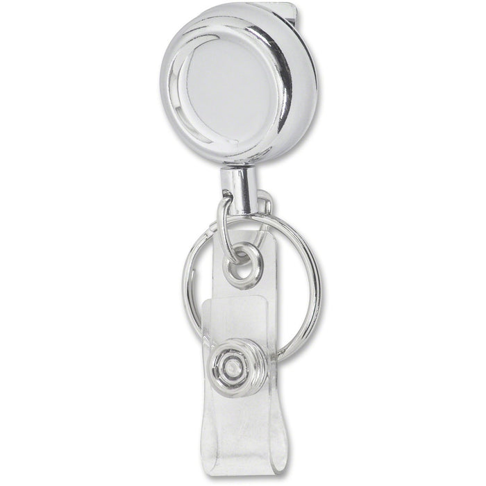 Merangue Chrome-finish Metal Badge Reel - Plastic, Metal - Silver, Chrome - Retractable Cord, Belt Clip, Key Ring - 1 Each