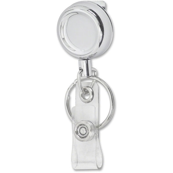Merangue Chrome-finish Metal Badge Reel - Plastic, Metal - Silver, Chrome - Retractable Cord, Belt Clip, Key Ring - 1 Each