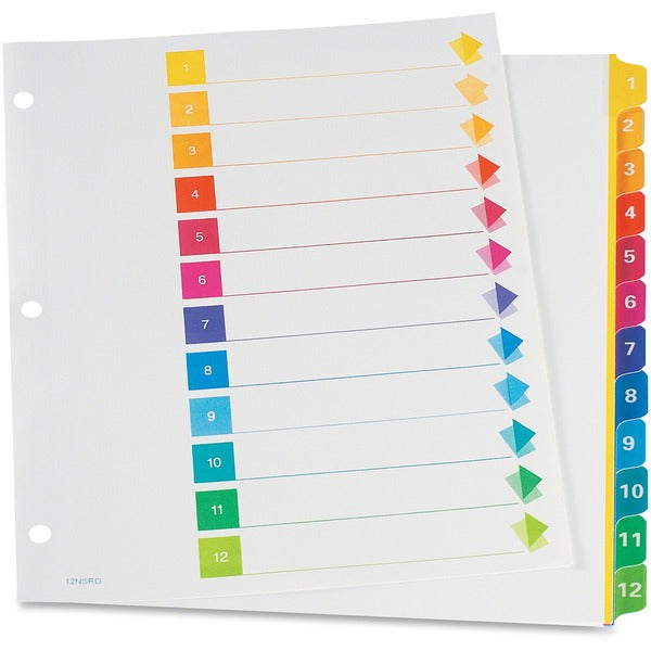 TOPS RapidX Colour Coded Index Dividers - 12 Printed Tab(s) - Digit - 1-12 - Letter - 8.50" (215.90 mm) Width x 11" (279.40 mm) Length - 3 Hole Punched - Multicolor Plastic Tab(s) - 10% Recycled - Laminated Tab, Reinforced, Rip Proof - 1 / Set