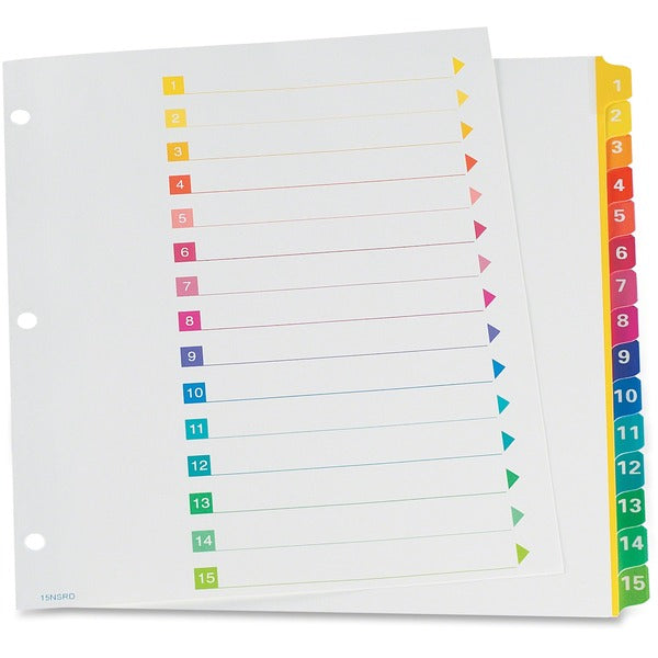 TOPS RapidX Colour Coded Index Dividers - 15 Printed Tab(s) - Digit - 1-15 - Letter - 8.50" (215.90 mm) Width x 11" (279.40 mm) Length - 3 Hole Punched - Multicolor Plastic Tab(s) - 10% Recycled - Laminated Tab, Reinforced, Rip Proof - 1 / Set