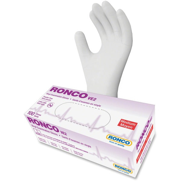 RONCO VE2 Vinyl Powder Free Exam Gloves - 4 mil (0.10 mm) Thickness - Medium Size - For Right/Left Hand - Vinyl - Clear - Latex-free, Comfortable, Durable - For Healthcare Working, Food, General Purpose, Cosmetology, Laboratory Application, Pharmaceutical
