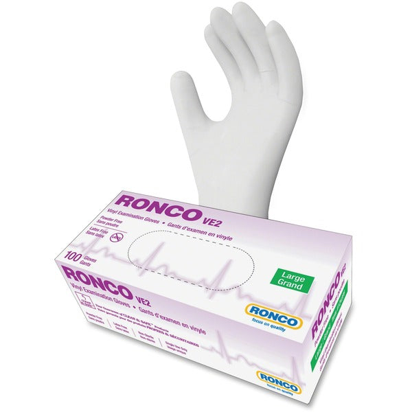 RONCO VE2 Vinyl Powder Free Exam Gloves - 4 mil (0.10 mm) Thickness - Large Size - For Right/Left Hand - Vinyl - Clear - Latex-free, Comfortable, Durable - For Healthcare Working, Food, General Purpose, Cosmetology, Laboratory Application, Pharmaceutical,
