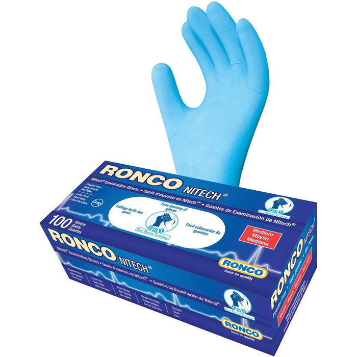 RONCO Nitech Examination Gloves - 5 mil (0.13 mm) Thickness - Medium Size - For Right/Left Hand - Blue - Latex-free, Flexible, Durable - For Food, General Purpose, Medical, Automotive, Dental, Paramedic, Food, Laboratory Application, Pharmaceutical, Veter