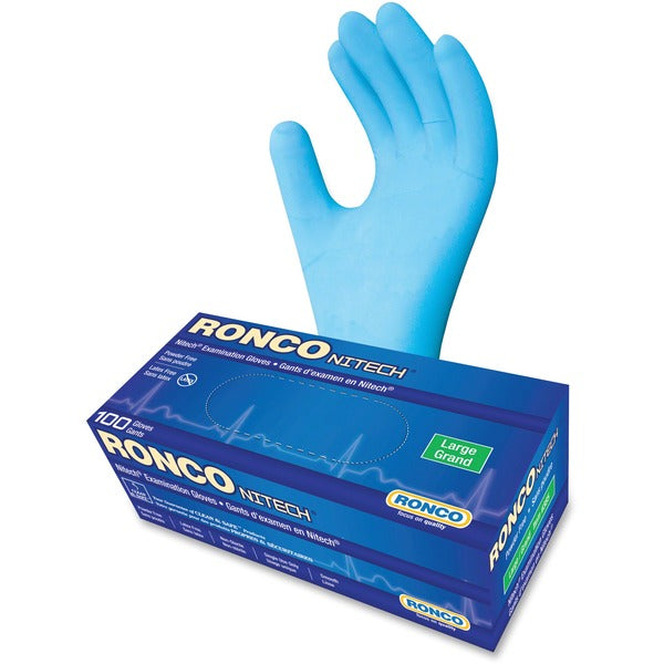 RONCO Nitech Examination Gloves - 5 mil (0.13 mm) Thickness - Large Size - For Right/Left Hand - Blue - Latex-free, Flexible, Durable - For Food, General Purpose, Medical, Automotive, Dental, Paramedic, Food, Laboratory Application, Pharmaceutical, Veteri