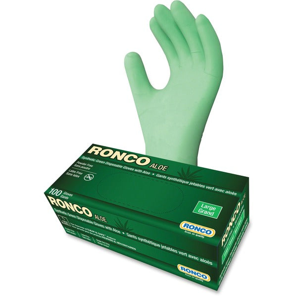 RONCO ALOE Synthetic Disposable Gloves - 5 mil (0.13 mm) Thickness - Large Size - For Right/Left Hand - Green - Durable, Flexible, Latex-free, Comfortable - For Automotive, Dental, Environmental Service, Food, Beverage, Cosmetology, Electronic Repair/Main