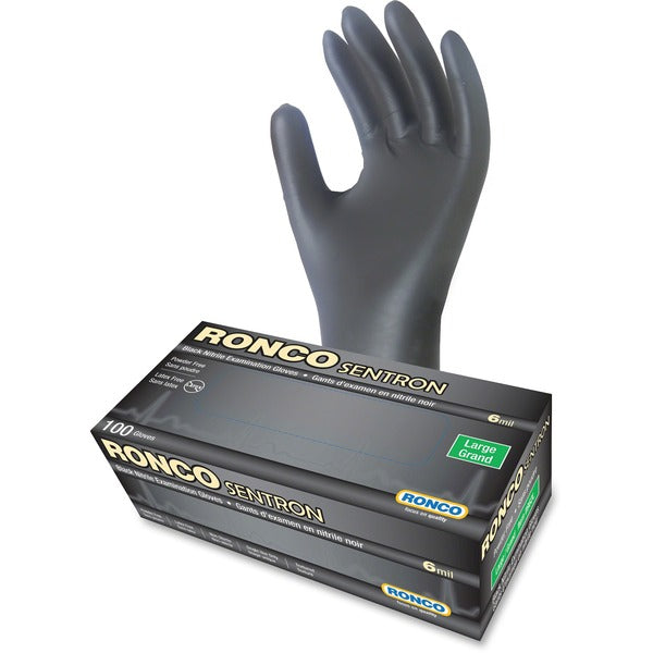 RONCO Sentron Nitrile Powder Free Gloves - 6 mil (0.15 mm) Thickness - Large Size - Textured - Nitrile - Black - Oil Resistant, Solvent Resistant, Tear Resistant, Puncture Resistant, Latex-free - For Industrial, Automotive, Inspection, Military, Security,
