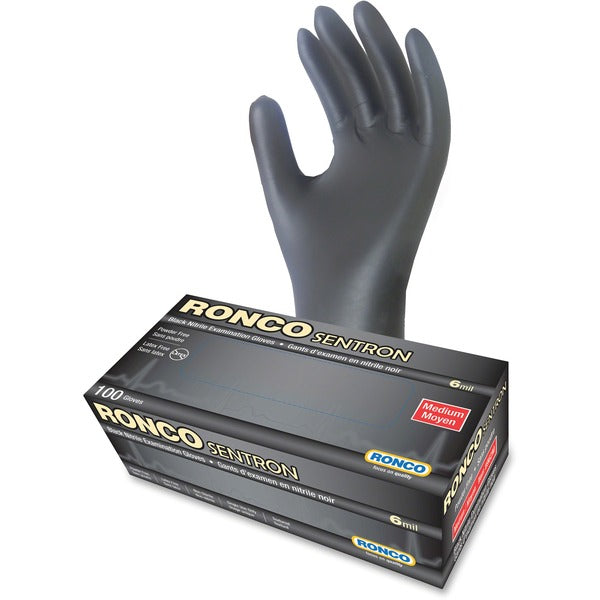 RONCO Sentron Nitrile Powder Free Gloves - 6 mil (0.15 mm) Thickness - Medium Size - Textured - Nitrile - Black - Oil Resistant, Solvent Resistant, Tear Resistant, Puncture Resistant, Latex-free - For Industrial, Automotive, Inspection, Military, Security