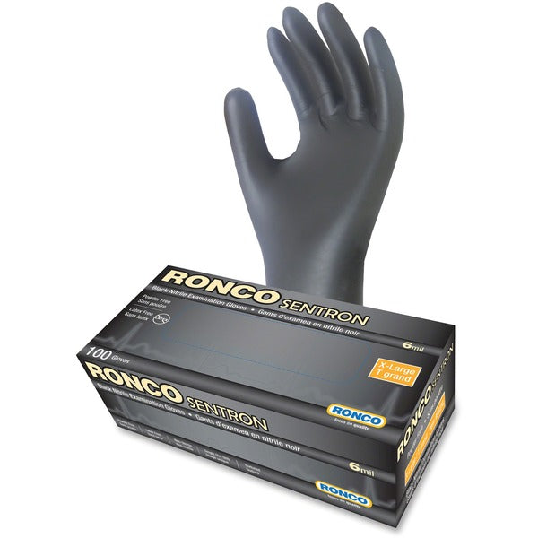 RONCO Sentron Nitrile Powder Free Gloves - 6 mil (0.15 mm) Thickness - X-Large Size - Textured - Nitrile - Black - Oil Resistant, Solvent Resistant, Tear Resistant, Puncture Resistant, Latex-free - For Industrial, Automotive, Inspection, Military, Securit