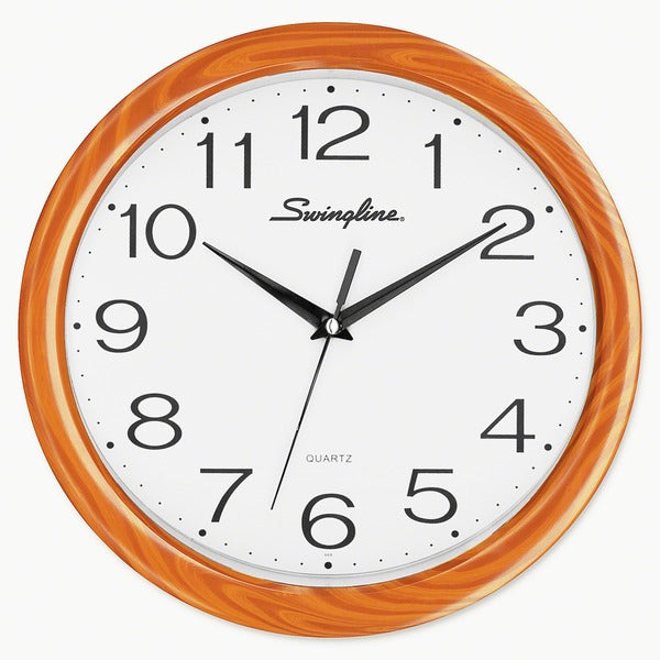 Swingline 12" Woodgrain Round Wall Clock - Analog - Quartz - White Main Dial - Polystyrene - Faux Wood Finish